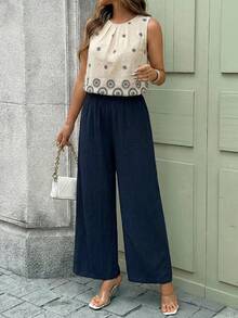 SHEIN Clasi 优雅女士纯色纹理褶皱上衣和花朵阔腿裤套装 - 藏蓝色 - 查看 5