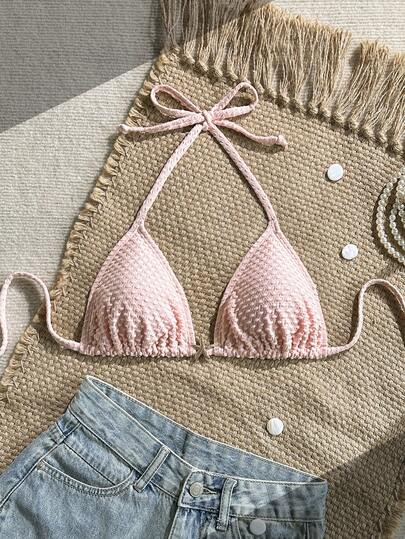 Swim Vcay Women's Solid Color Textured Fabric Halter Neck Tie Strap Metal Decor Swimsuit Top, For Beach & Pool Vacation