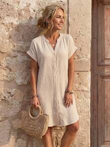 EMERY ROSE 女式夏季休闲纯色缺口领蝙蝠袖宽松短款连衣裙 - 卡其色 - 查看 3