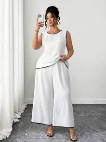 SHEIN Clasi Women's Plus Size White 2 Pieces Set, Summer Elegant Smart Casual Office Brunch Tie-Up Backless Sleeveless Top And Pocket Palazzo Pants Co Ord Sets - Black and White - View 1