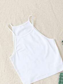 GlowEve Petite 1 Set Women Spaghetti Strap Tank Top + High Waist Elastic Waist Casual Pants - Green - View 4