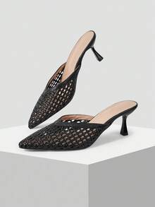 Women's Spring And Summer New High-Heeled Stiletto Pointed Woven Hollow Kitten Heel Fashion French Sandals - Black - View 5