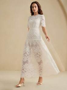 Anewsta Abito casual da donna con maniche corte, vita stretta e pizzo bruciato, adatto per le vacanze - Beige - Visualizzare 5