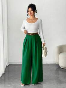 Elenzga Pantalones para mujer de talla grande, unicolor albaricoque, estilo elegante, de moda para ir al trabajo y la oficina - Verde - Ver 4