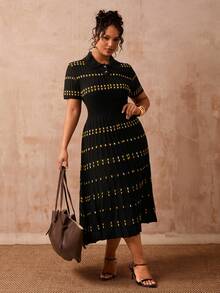 Veslaya 2026春夏大码女装音乐节、复活节、生日派对、毕业典礼、学院风、学生装、日常休闲、百搭基础款、度假、邮轮旅行、海滩、日光浴、爆款、街头风、婚礼宾客波西米亚风、通勤、早午餐、机场、派对、假日郊游、优雅晚宴、舞会、休闲、高档夜店聚会黑色撞色针织Polo领A字毛衣连衣裙 - 彩色 - 查看 2