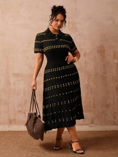 Veslaya 2026 Spring/Summer Plus Size Women's Music Festival, Easter, Birthday Party, Graduation, College Style, Student, Daily Casual, Basic Versatile, Vacation, Cruise Travel, Beach, Sunbathing, Viral , Streetwear, Wedding Guest Boho, Commute, Brunch, Airport, Party, Holiday Outing, Elegant Gala, Ball, Casual, Upscale Nightclub Gathering Black Contrast Knit Polo Collar A-Line Sweater Dress