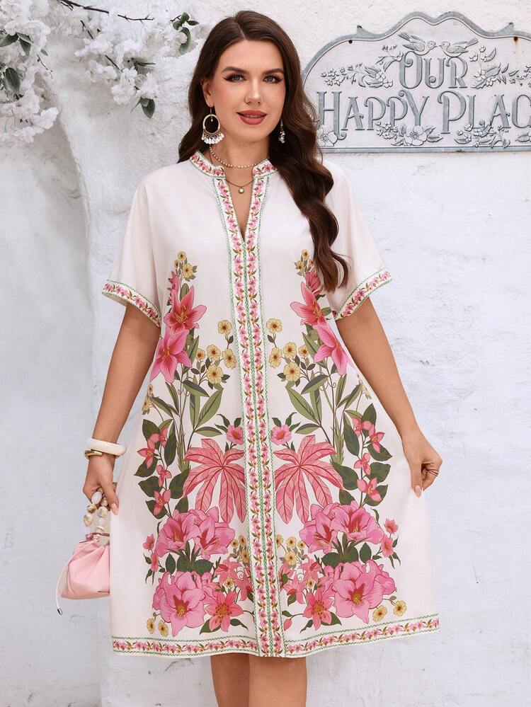 Plus Size Women's Summer Casual Vacation Elegant  Floral Print V-Neck Casual Vacation Dress, Suitable For Summer,Summer Vacation,Casual Holiday Style,Summer Outfits For Women ,Vacation Outfits Women ,Holiday Outfits For Women,Going Out Outfits,New Clothes,Simple And Fashionable For Everyday Wear,Suitable For Summer, Vacation, Daily Wear, Festival Outfits For Women,Country Concert Outfit,Beach Outfits For Women,Western Style,Flowy Dress,Gifts For Mother,Boho Dress