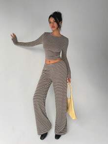 Aloruh 女士休闲家居睡衣套装，包括条纹圆领长袖 T 恤和宽松直筒条纹裤，适合日常穿着、运动、秋冬季 - 咖啡棕 - 查看 7