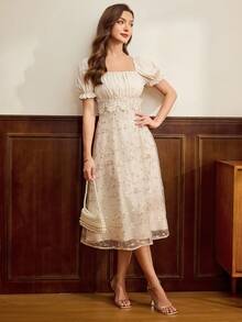 Vintamour Vintage Classic Elegant Floral Print Ruched Embroidered Patchwork Midi Dress, Apricot Color, Spring/Summer French Style Dress Cream Dress - Apricot - View 5