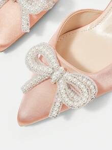 CUCCOO HITCHD Elegante Damen High-Heel Pumps, spitzer Zehenbereich mit Strass, Perlen & Schleifen Dekor, satin-flach in Rosa, geeignet für Braut, Brautjungfer, Gast, Party - Altrosa - Übersicht 4