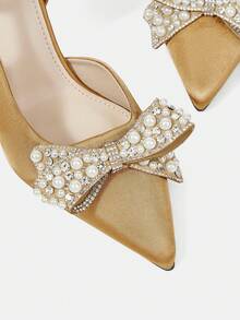 CUCCOO HITCHD Sepatu Hak Tinggi Wanita Ujung Lancip, Dekorasi Pita Berlian Imitasi & Mutiara, Satin Emas Champagne, Nyaman & Elegan, Cocok Untuk Pernikahan, Pesta, Acara Formal - Perunggu - View 4