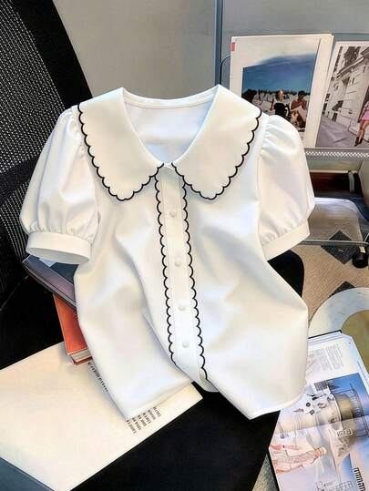 GlowEve CURVE プラスサイズ レディース ファッション カジュアル コントラストカラートリム ピーターパン襟シャツ