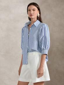 Briarwyn 女士条纹翻领单排扣休闲百搭日常衬衫 - 藍色 - 查看 5
