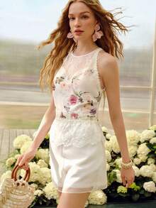 MOTF PREMIUM 女士撞色蕾丝无袖浪漫圆领上衣，春夏款 - 杏色 - 查看 4