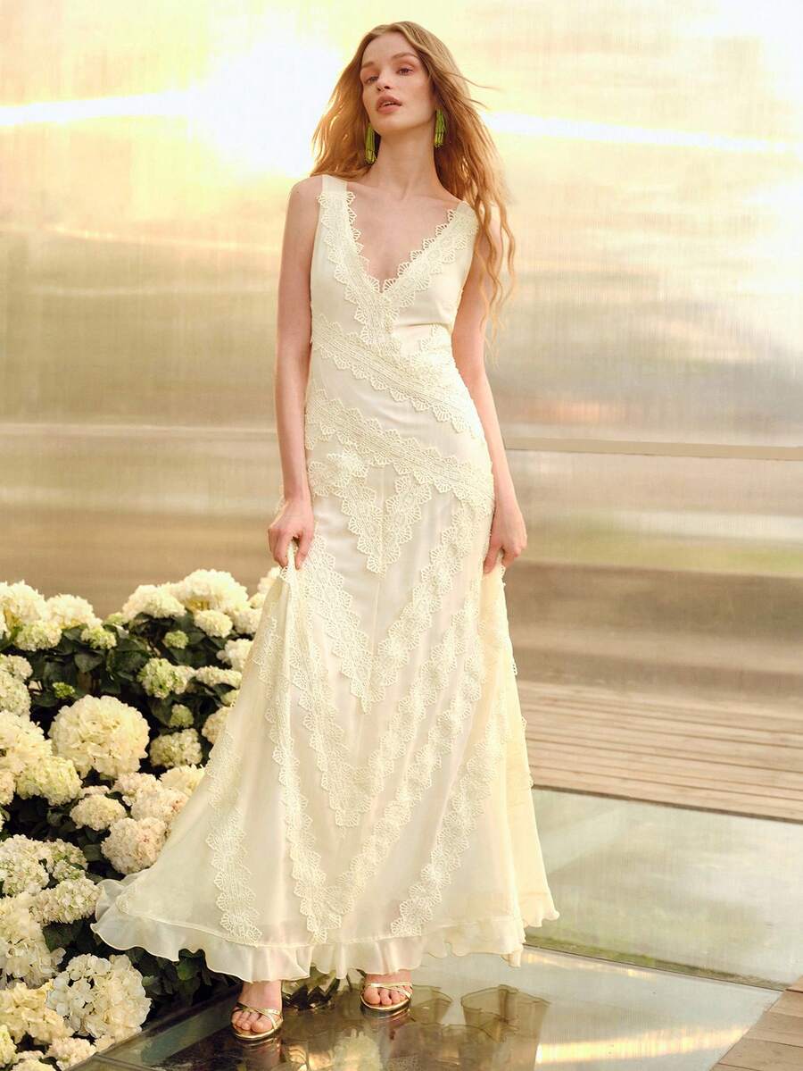 MOTF PREMIUM VESTIDO DE MUJER CON CINTURA DE ENCAJE Y VOLANTES EN EL BAJO, PRIMAVERA/VERANO - Albaricoque - Ver 1