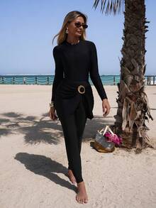 Swim Mulvari 3pcs Women's Long Coverage Wrap Burkini Set, Mature Lady Style, Suitable For Beach, Party, Holiday - Black - View 1
