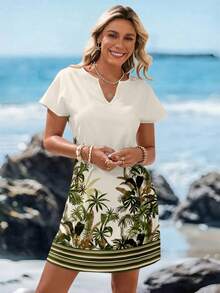 SHEIN LUNE 女士休闲简约V领短款连衣裙，适合春夏海滩度假穿着，女士夏季服装，女士休闲连衣裙，女士度假连衣裙，女士夏季连衣裙 - 彩色 - 查看 4