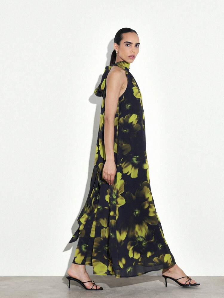 KSTM Women's Floral Halter Neck Sleeveless Maxi Dress With Flowing Chiffon Fabric And Tie Back Detail For Summer Party Evening Occasions