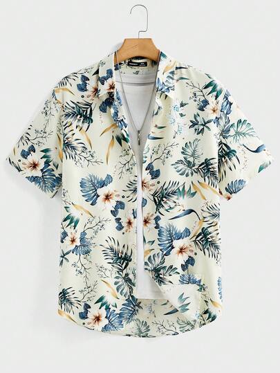 EASEVO Men Plus Size Multicolor Plants Pattern Shirt Collar Drop Shoulder Half Sleeve Casual Vacation Woven Fabric Shirt Men Flower Shirt Men's Hawaiian Print Shirts Men Tropical Print Shirt Men's Shirts For Summer Vacation
