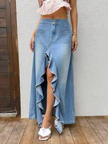 Sunnyshic Falda vaquera larga de verano casual con volantes y abertura alta para mujer - Lavado ligero - Ver 1