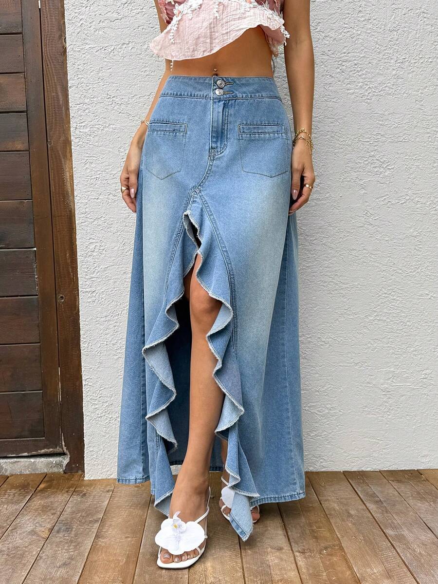 Sunnyshic Falda vaquera larga de verano casual con volantes y abertura alta para mujer - Lavado ligero - Ver 1