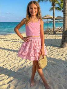 Emery Rose Kids 两件套少女纯色编织休闲背心和碎花裙套装 - 粉色 - 查看 4