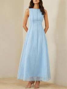 Aveloria Rosie 优雅女士无袖连衣裙，简约设计，轻盈亚麻质感面料，圆领，收腰设计，A字裙摆 - 藍色 - 查看 3