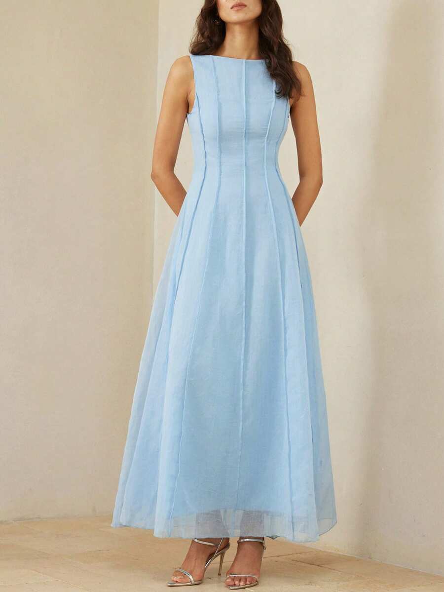 Aveloria Rosie Đầm không tay thanh lịch dành cho nữ, thiết kế tối giản, chất liệu vải nhẹ như lanh, cổ tròn, thắt eo, chân váy xòe. - Màu xanh lam - Xem 1