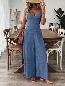 Breezaya Women's V-Neck Backless Bowknot Strap Jumpsuit, Rose Red, Spring/Summer - Blue - View 5