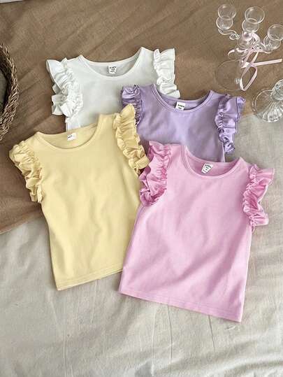SHEIN LMoss Kids 4pcs Young Girl Solid Color Round Neck Ruffle Hem Fitted T-Shirt Set Little Girl Tops Summer Shirts For Girls Pastel Color Tops Young Girls Girls Ruffle Top