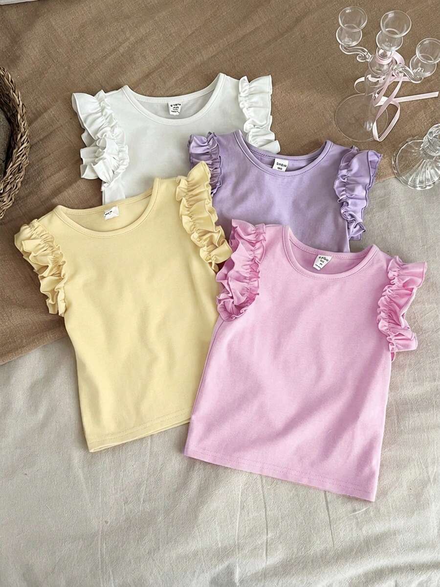 SHEIN LMoss Kids 4件套女童纯色圆领荷叶边修身T恤套装 - 彩色 - 查看 1