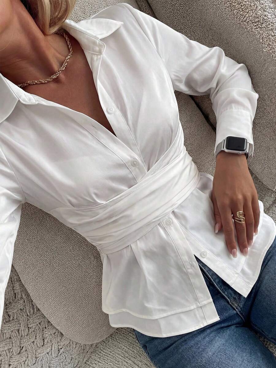 DAZY Blusa blanca elegante y ajustada con cuello para mujer - Blanco - Ver 1