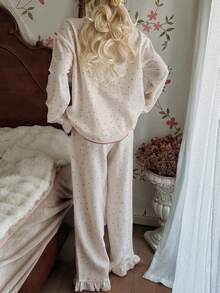 CottageSlumber 女士春秋季爱心印花翻领长袖睡衣套装 - 杏色 - 查看 2