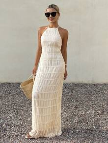 DAZY Đầm cổ yếm buộc dây kiểu dáng nghỉ dưỡng cho nữ, trang phục du lịch biển cho nữ mùa hè - trắng - Xem 3