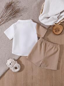 Vintaside Kids Baby Boy Decorated Patch Pocket Lapel Short Sleeve Cardigan And Shorts Set - Khaki - View 2