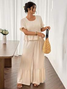 SHEIN Frenchy 大码休闲纯色荷叶边衬衫和裤子两件套 - 杏色 - 查看 5