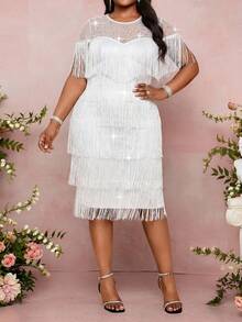 Fleurora 大码女式网纱拼接圆领短袖流苏优雅连衣裙 - 白色 - 查看 5