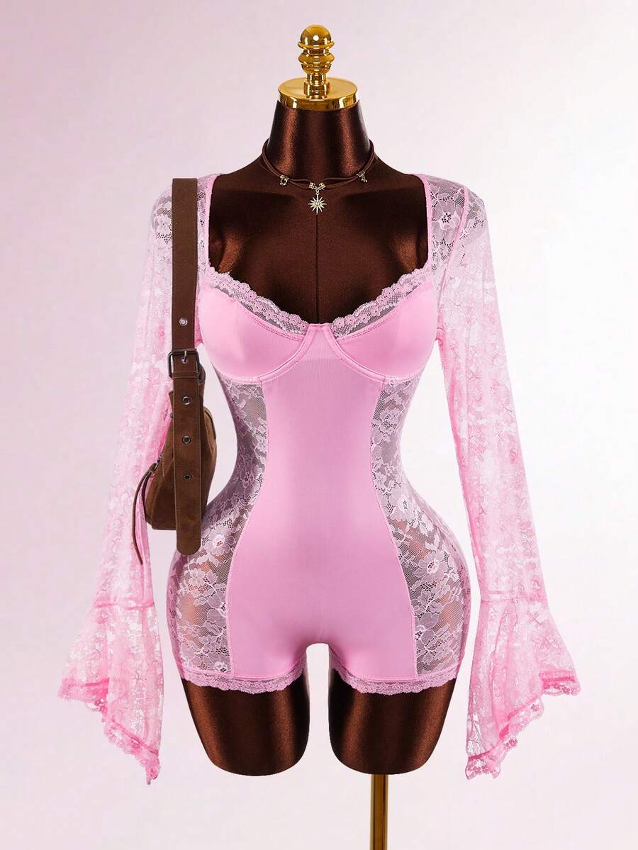 Amplova 性感撞色蕾丝收腰女士吊带连体裤，配长喇叭袖和透视侧片 - 粉色 - 查看 1