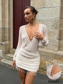 Siren Gaze Southern France Holiday Summer Crochet Hollow-Out V-Neck Slim Waist Pearl Embellished Long-Sleeved Dress Sexy Fitted Bodycon Mini Skirt Elegant Goddess Style Island Vacation Dress - Apricot - View 8