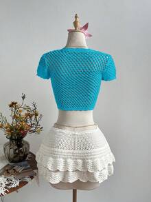 Elamini 女士度假沙滩纯色镂空针织短款开衫 - 藍色 - 查看 2