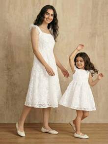 SHEIN Young Girl Floral Decor Mesh Patchwork Fashionable Elegant Party & Daily Wear Dress - White - View 2