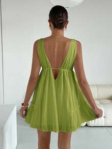 Siren Gaze 女式深V领无袖纯色系带性感迷你连衣裙 - 綠色 - 查看 2