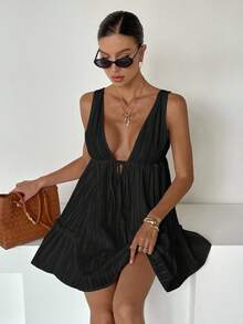 Siren Gaze 女士无袖纯色迷你连衣裙，夏季 - 黑色 - 查看 7