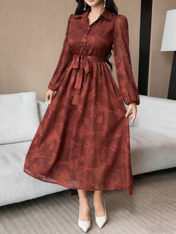 Women's Elegant Floral Print Belted Mid-Length Dress, Autumn/Winter
