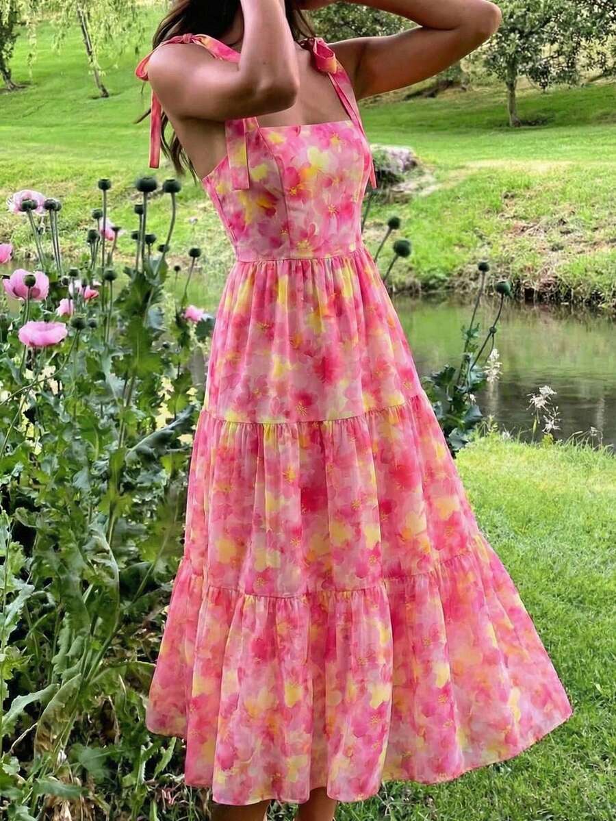 KARISMINA Đầm midi hai dây in hoa thanh lịch, lãng mạn, thích hợp cho kỳ nghỉ hè, dành cho nữ, phong cách thường ngày, thích hợp cho mùa xuân/hè. - Hồng - Xem 1