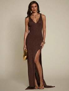 SHEIN BAE Casual Vacation Slit Knit Sweater Dress For Women - Chocolate Brown - View 2