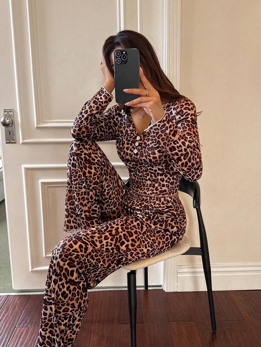 Napfluff Women's Casual Leopard Print V-Neck Fitted Long Sleeve Pajama Set - Multicolor - View 1