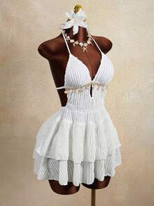 Zestiva Conjunto de traje de baño con diseño de volantes, cuello en V profundo y cordones, de tela con textura ondulada, adecuado para la playa, la isla, fiestas y vacaciones - Blanco - Ver 4