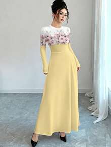 Modelyn 优雅的粉白渐变花卉印花浅黄色时尚圆领长袖连衣裙，春季A字腰线设计，适合日常、假日和度假穿着。 - 彩色 - 查看 4
