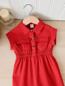 SHEIN LMoss Kids 女宝宝夏季可爱米色短袖收腰领连体衣 - 紅色 - 查看 3